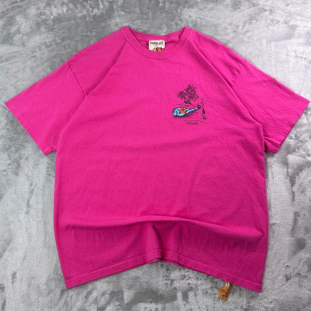 Pirana Joe Cozumel Double-Sided T-Shirt Men’s XL Hot Pink Fish in Bottle Graphic